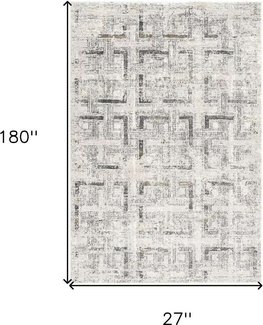 15' Ivory and Gray Geometric Distressed Runner Rug Photo 3