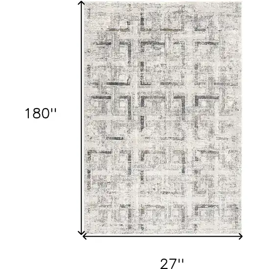 15' Ivory and Gray Geometric Distressed Runner Rug Photo 7