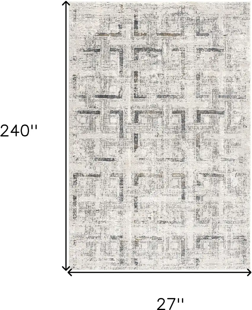 20' Ivory and Gray Geometric Distressed Runner Rug Photo 3
