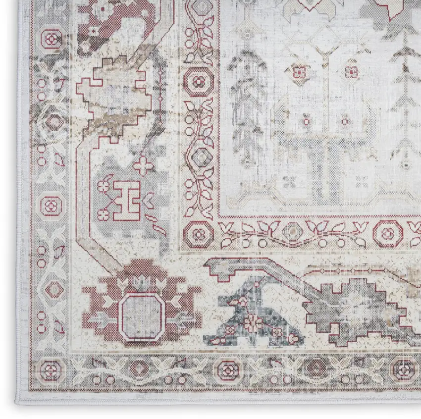 8' Ivory and Gray Tribal Distressed Non Skid Runner Rug Photo 4