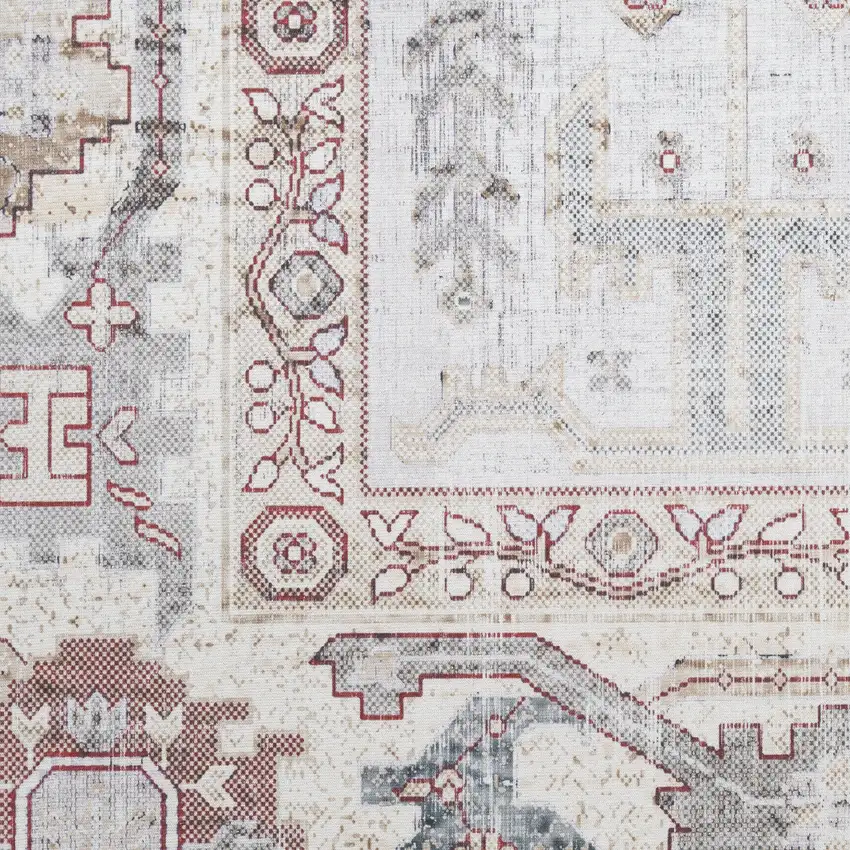 8' Ivory and Gray Tribal Distressed Non Skid Runner Rug Photo 9