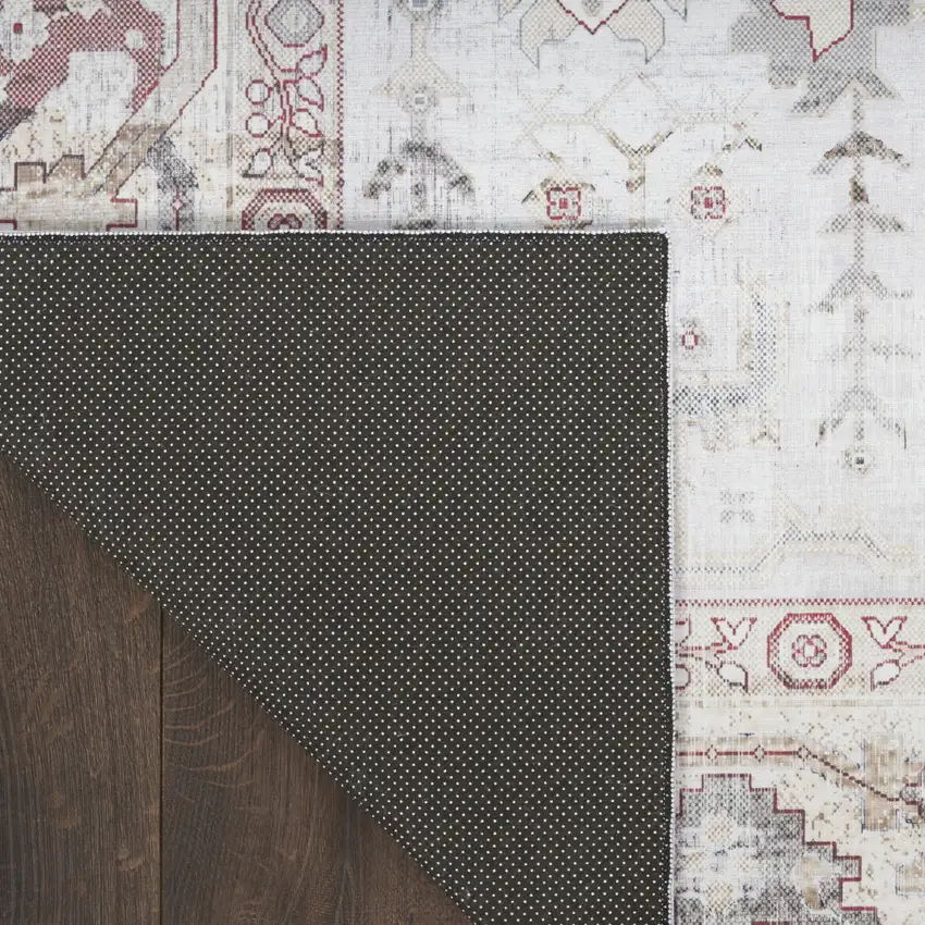 8' Ivory and Gray Tribal Distressed Non Skid Runner Rug Photo 8