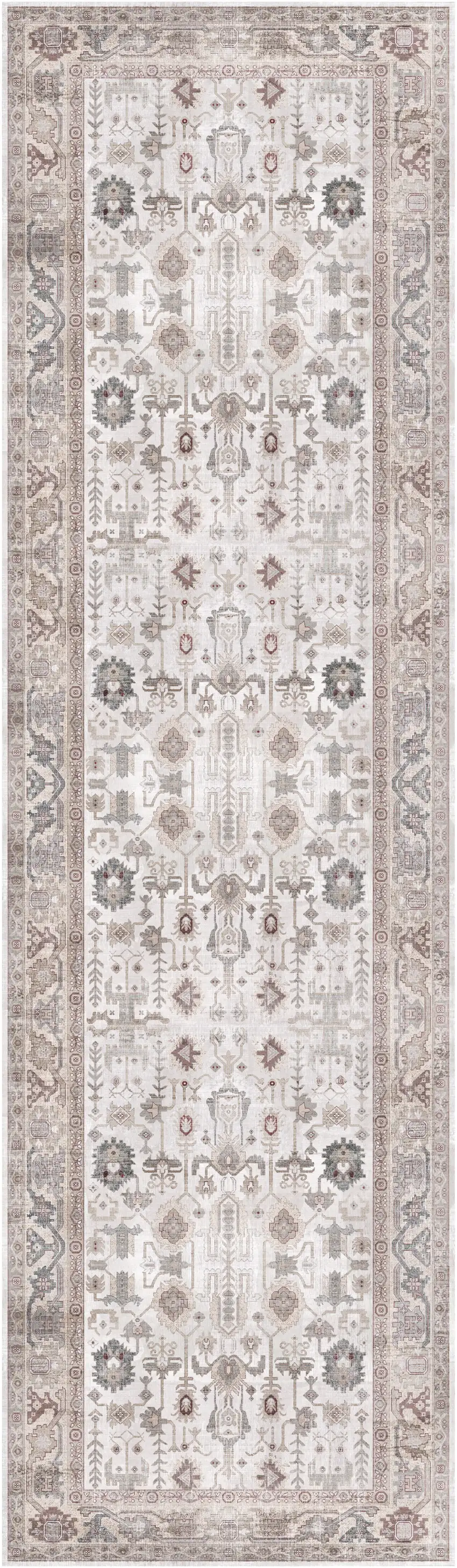 8' Ivory and Gray Tribal Distressed Non Skid Runner Rug Photo 2