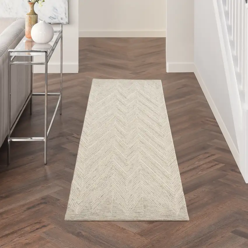 8' Ivory and Gray Wool Chevron Runner Rug Photo 5