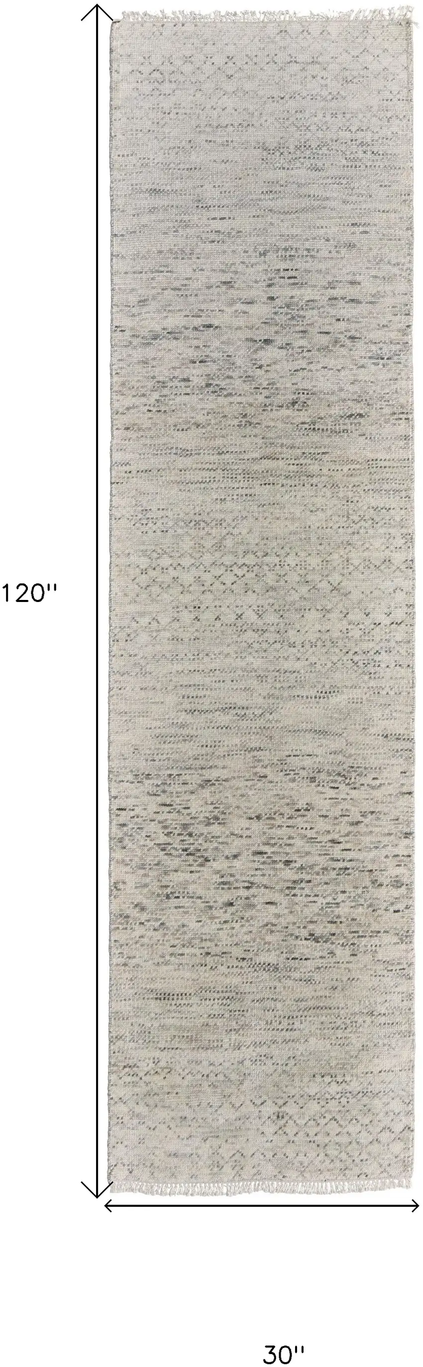 10' Ivory and Gray Wool Hand Knotted Runner Rug With Fringe Photo 3