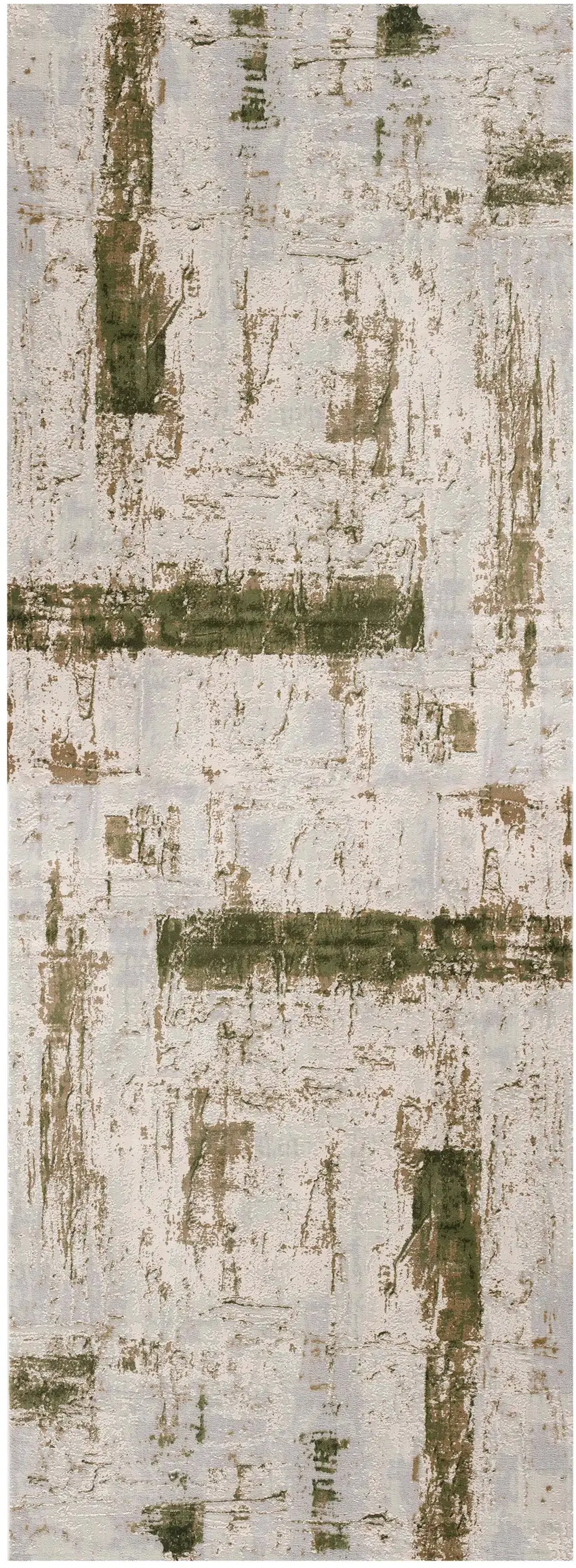8' Ivory and Green Abstract Power Loom Distressed Runner Rug Photo 2