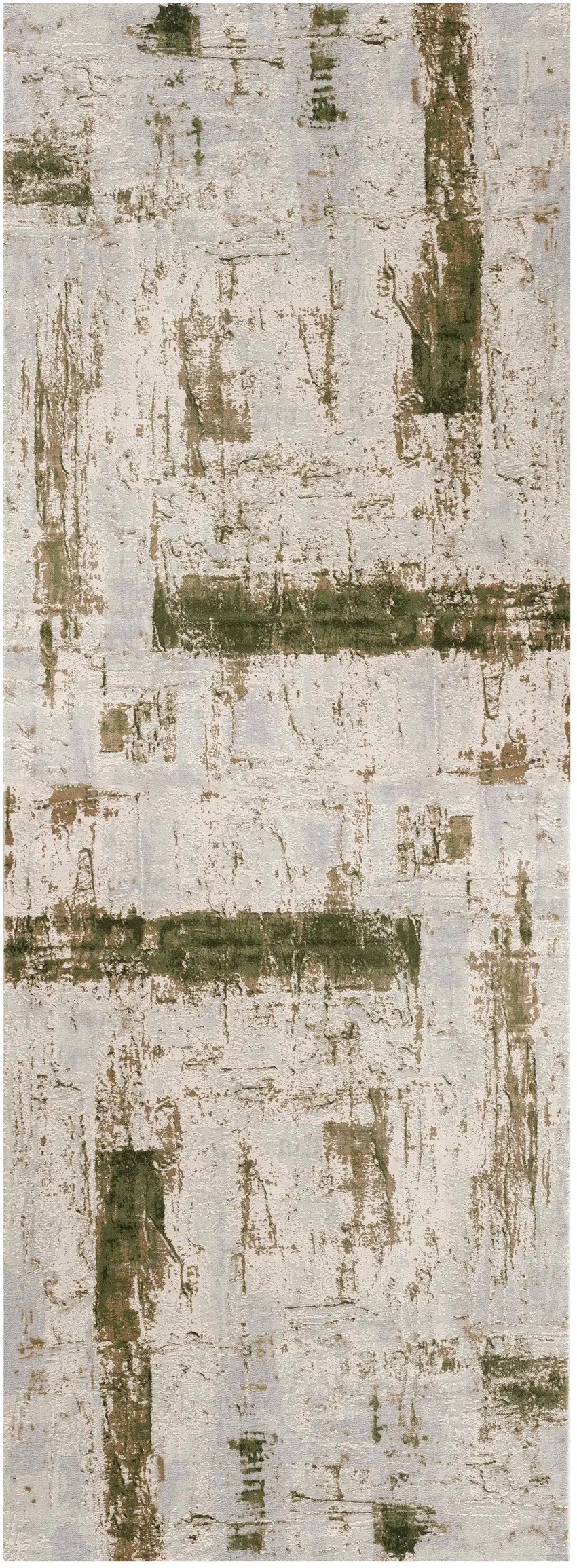 8' Ivory and Green Abstract Power Loom Distressed Runner Rug Photo 5