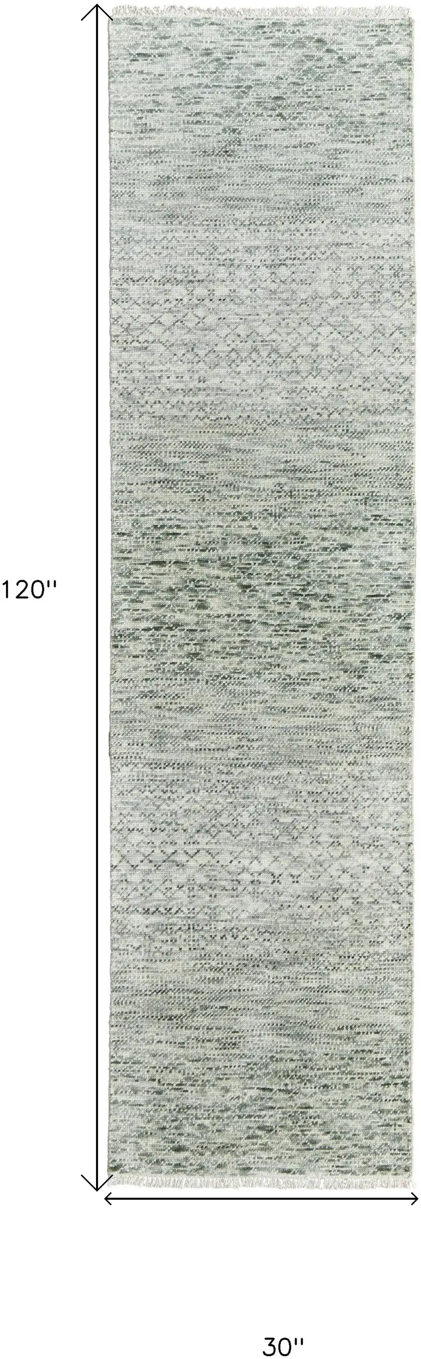 10' Ivory and Green Wool Hand Knotted Runner Rug With Fringe Photo 3