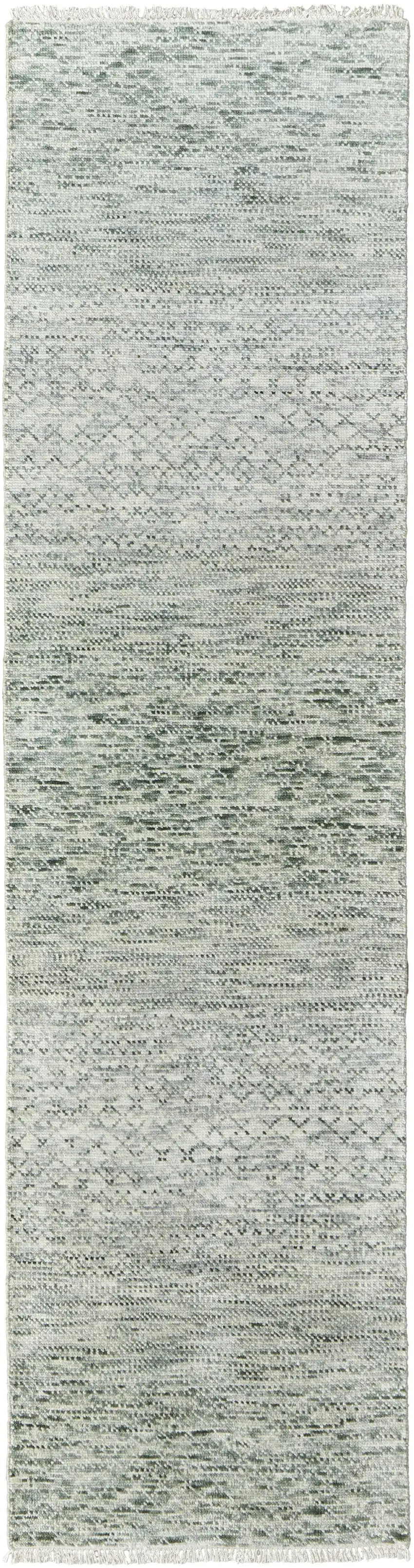 12' Ivory and Green Wool Hand Knotted Runner Rug With Fringe Photo 2