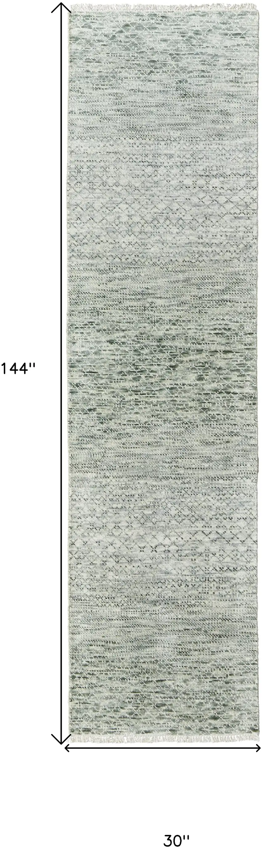 12' Ivory and Green Wool Hand Knotted Runner Rug With Fringe Photo 3