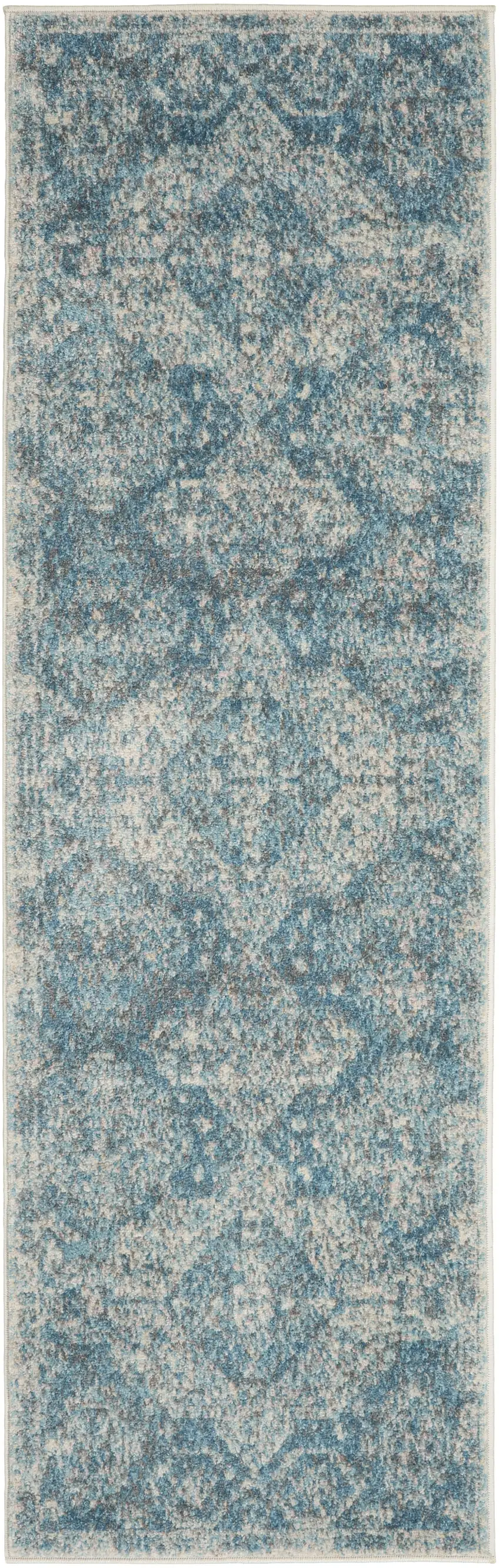 7' Ivory and Light Blue Geometric Distressed Runner Rug Photo 2