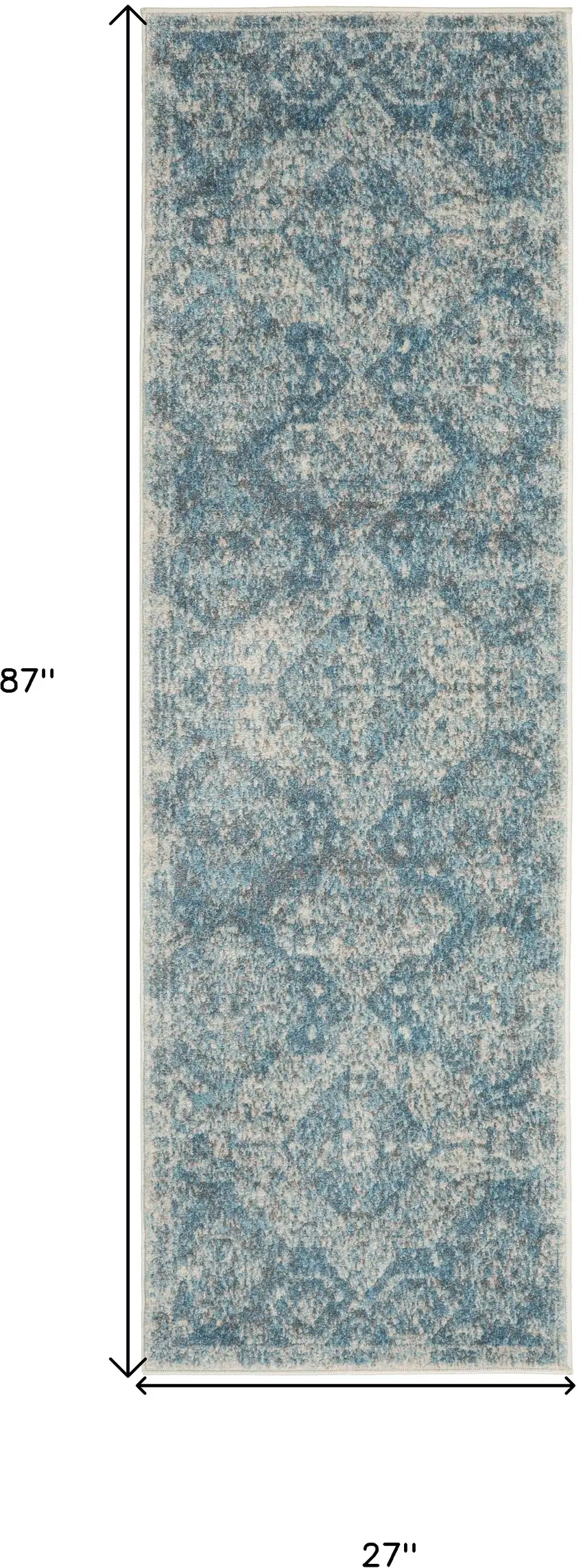 7' Ivory and Light Blue Geometric Distressed Runner Rug Photo 3