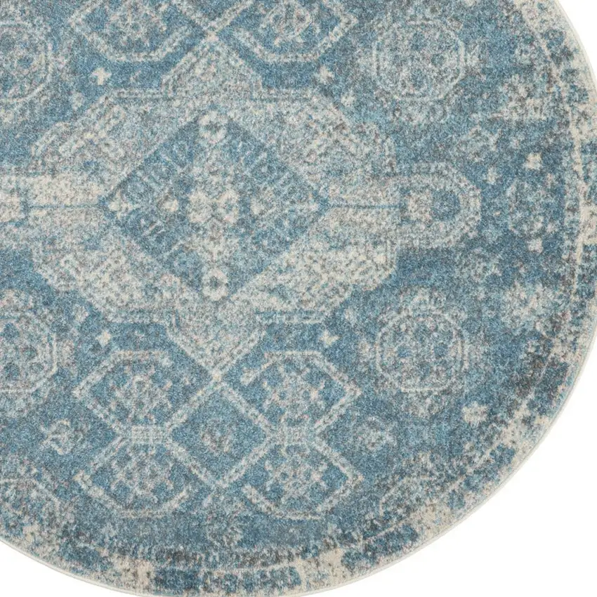 5' Ivory and Light Blue Oriental Distressed Round Rug Photo 5