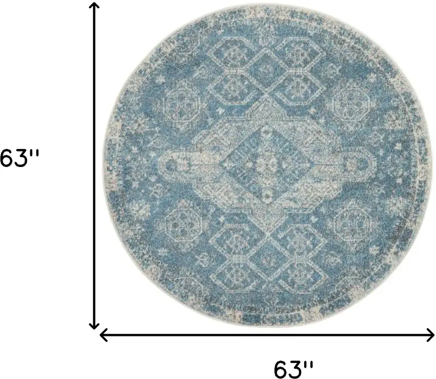 5' Ivory and Light Blue Oriental Distressed Round Rug Photo 3