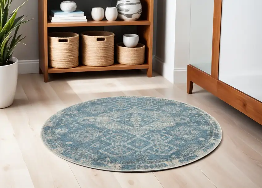 5' Ivory and Light Blue Oriental Distressed Round Rug Photo 1