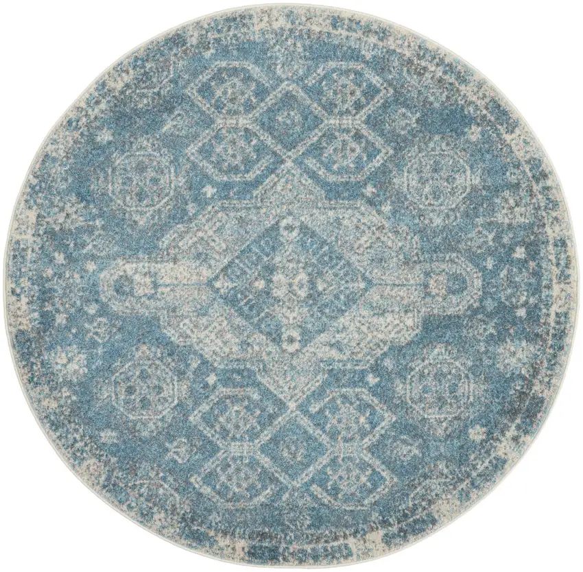 5' Ivory and Light Blue Oriental Distressed Round Rug Photo 2