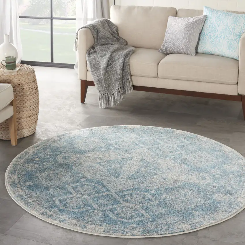 5' Ivory and Light Blue Oriental Distressed Round Rug Photo 7