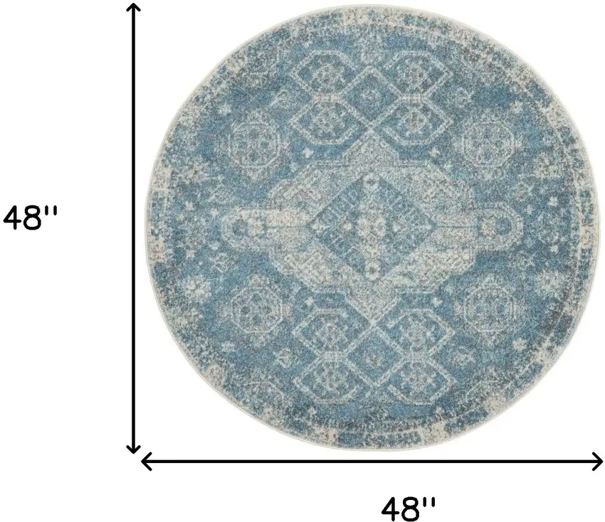 4' Ivory and Light Blue Oriental Distressed Round Rug Photo 3