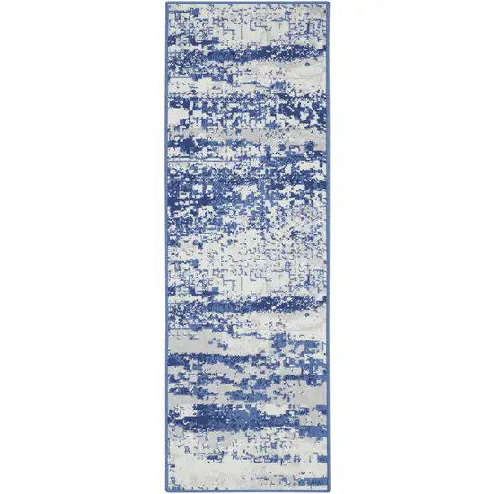 8' Ivory and Navy Blue Abstract Distressed Non Skid Runner Rug Photo 8