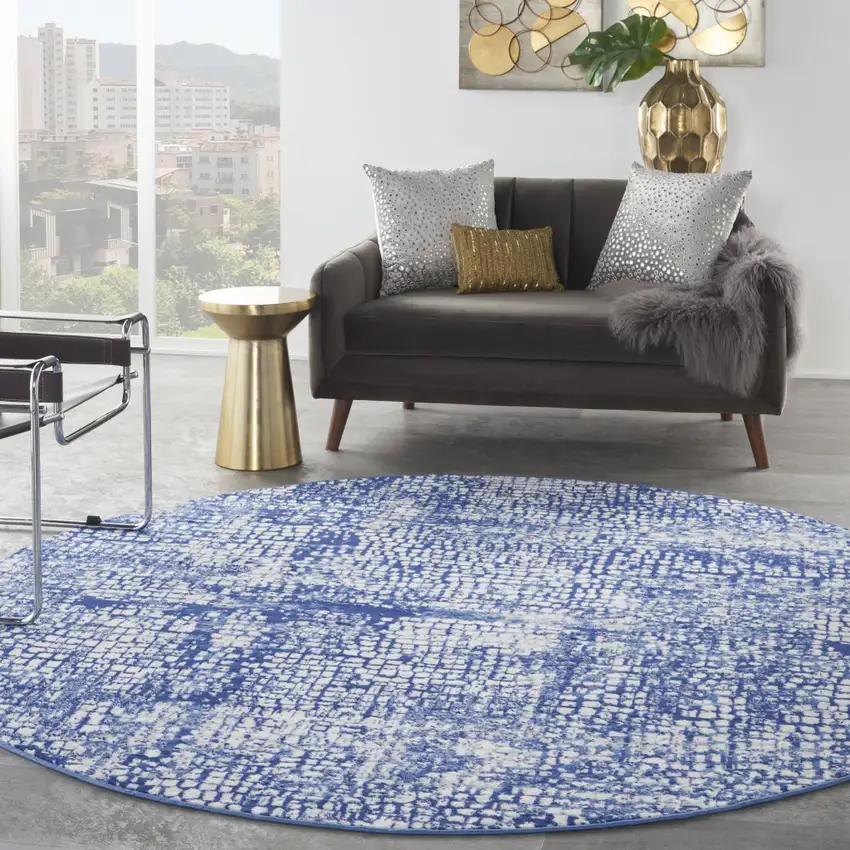 8' Ivory and Navy Blue Abstract Round Rug Photo 5