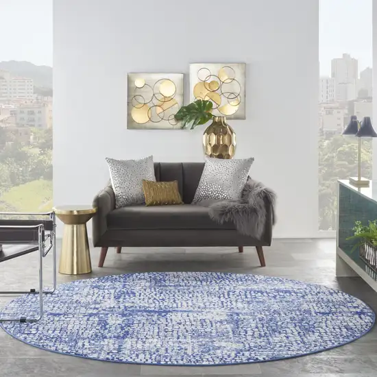 8' Ivory and Navy Blue Abstract Round Rug Photo 6