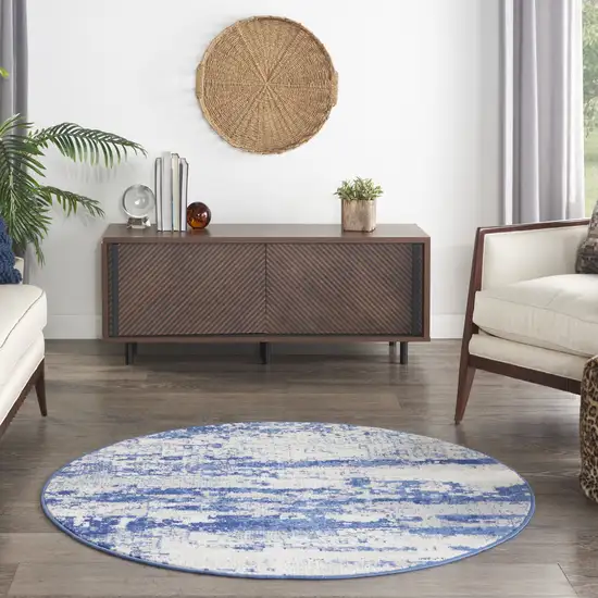 5' Ivory and Navy Blue Abstract Round Rug Photo 6