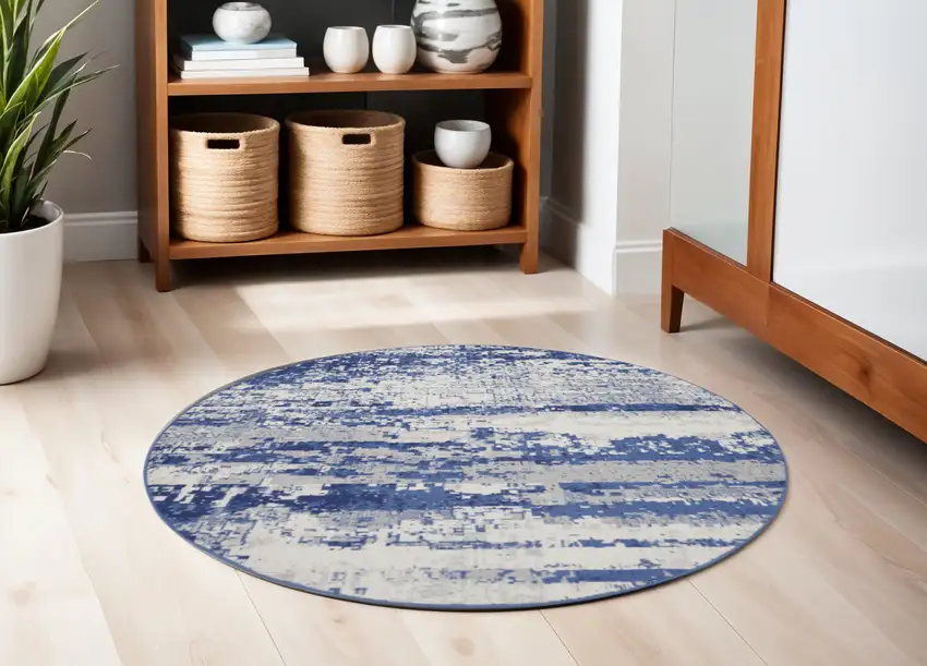5' Ivory and Navy Blue Abstract Round Rug Photo 1