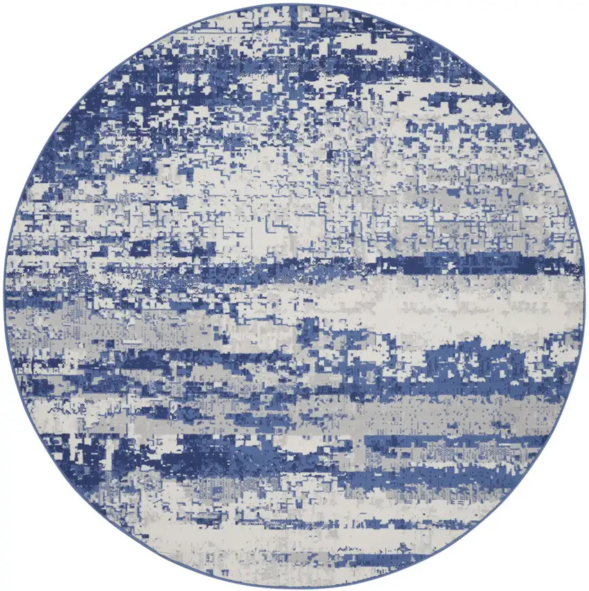 5' Ivory and Navy Blue Abstract Round Rug Photo 4