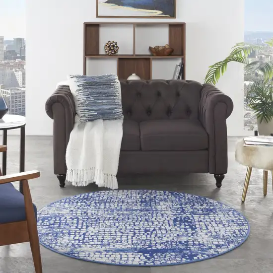 5' Ivory and Navy Blue Abstract Round Rug Photo 6