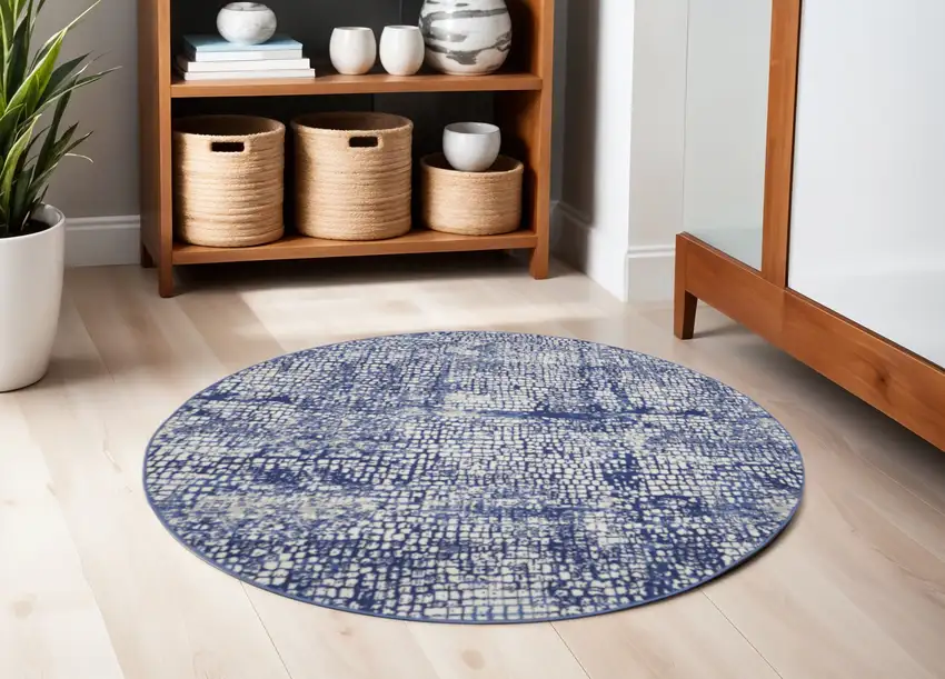 5' Ivory and Navy Blue Abstract Round Rug Photo 1