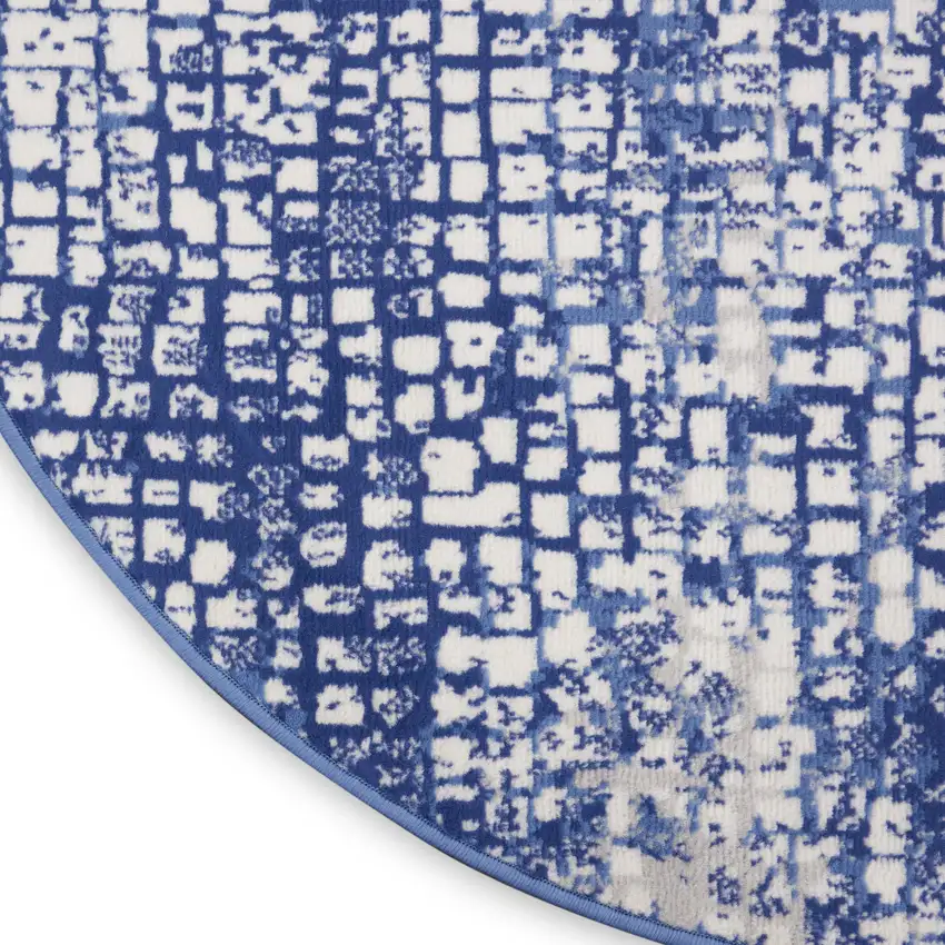 5' Ivory and Navy Blue Abstract Round Rug Photo 9