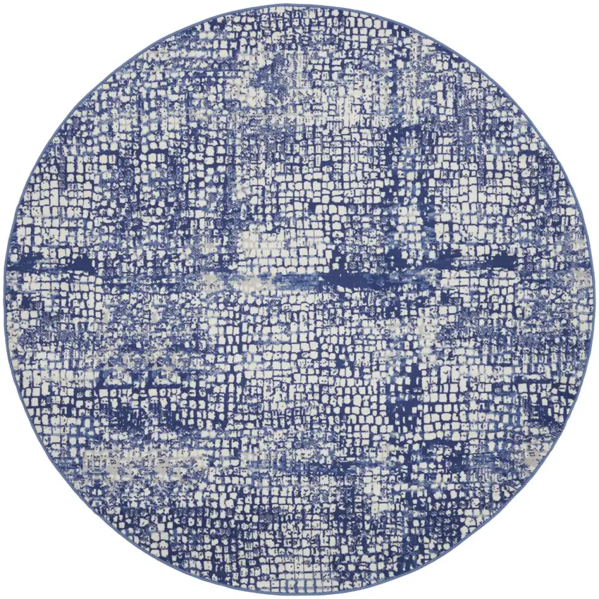 5' Ivory and Navy Blue Abstract Round Rug Photo 4