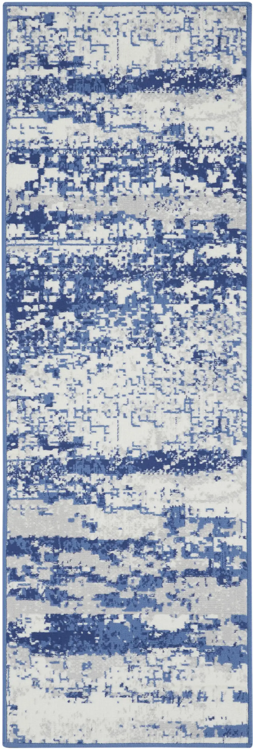 6' Ivory and Navy Blue Abstract Runner Rug Photo 1