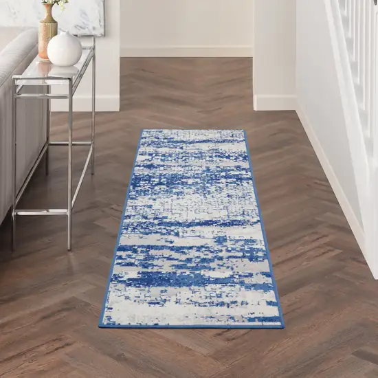 6' Ivory and Navy Blue Abstract Runner Rug Photo 5