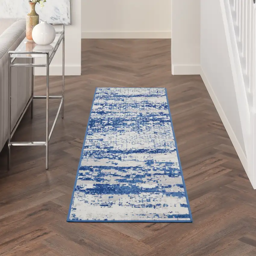 6' Ivory and Navy Blue Abstract Runner Rug Photo 5