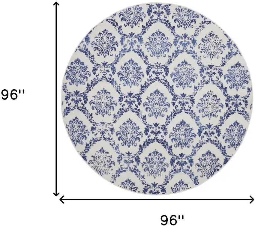 8' Ivory and Navy Blue Damask Distressed Round Rug Photo 3