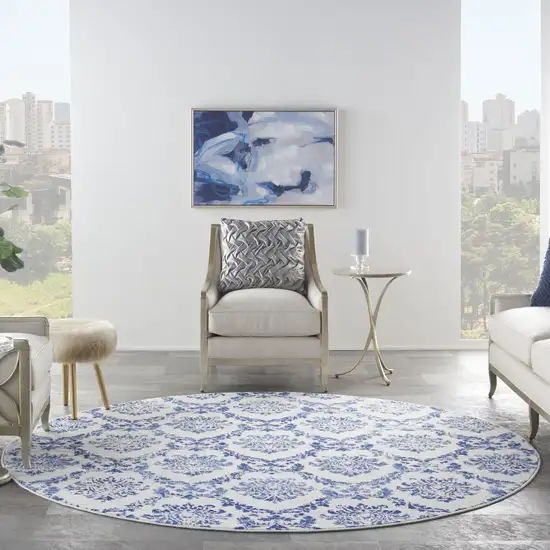 8' Ivory and Navy Blue Damask Distressed Round Rug Photo 6