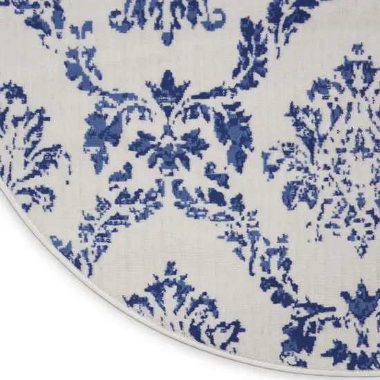 8' Ivory and Navy Blue Damask Distressed Round Rug Photo 8