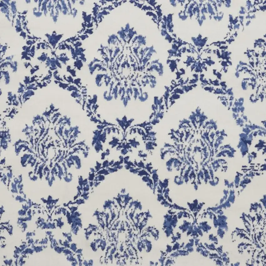 8' Ivory and Navy Blue Damask Distressed Round Rug Photo 4