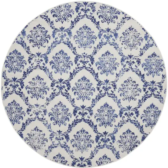 8' Ivory and Navy Blue Damask Distressed Round Rug Photo 1