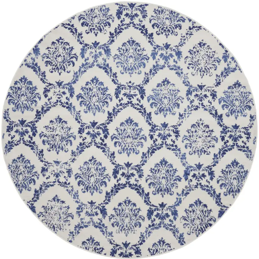 8' Ivory and Navy Blue Damask Distressed Round Rug Photo 1