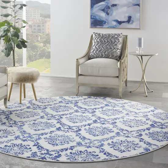 8' Ivory and Navy Blue Damask Distressed Round Rug Photo 5