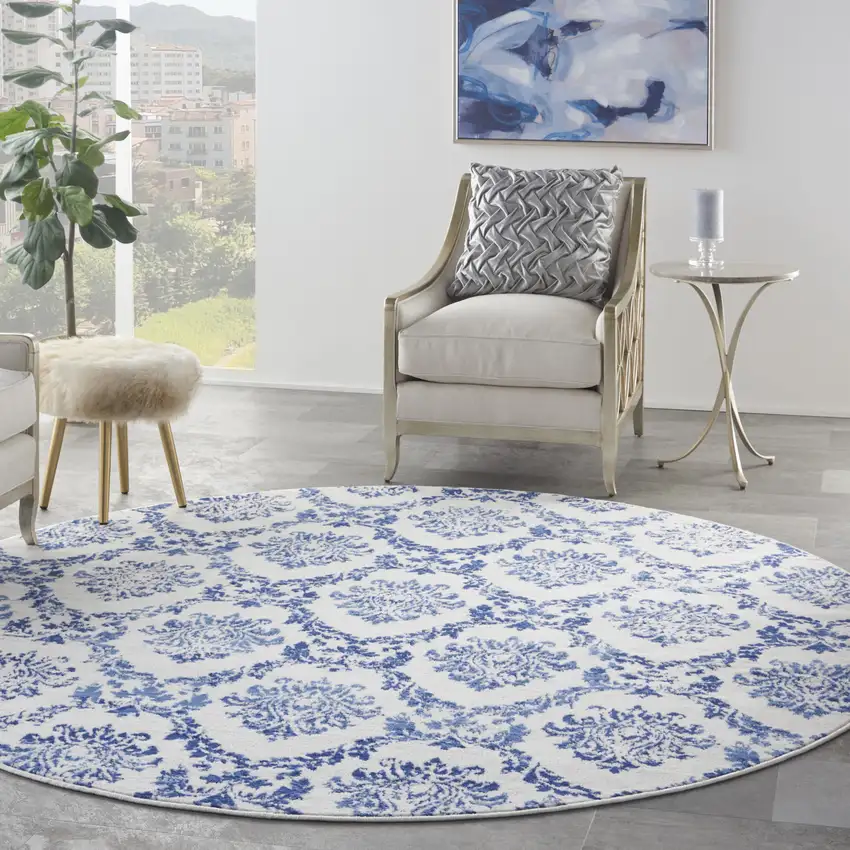 8' Ivory and Navy Blue Damask Distressed Round Rug Photo 5