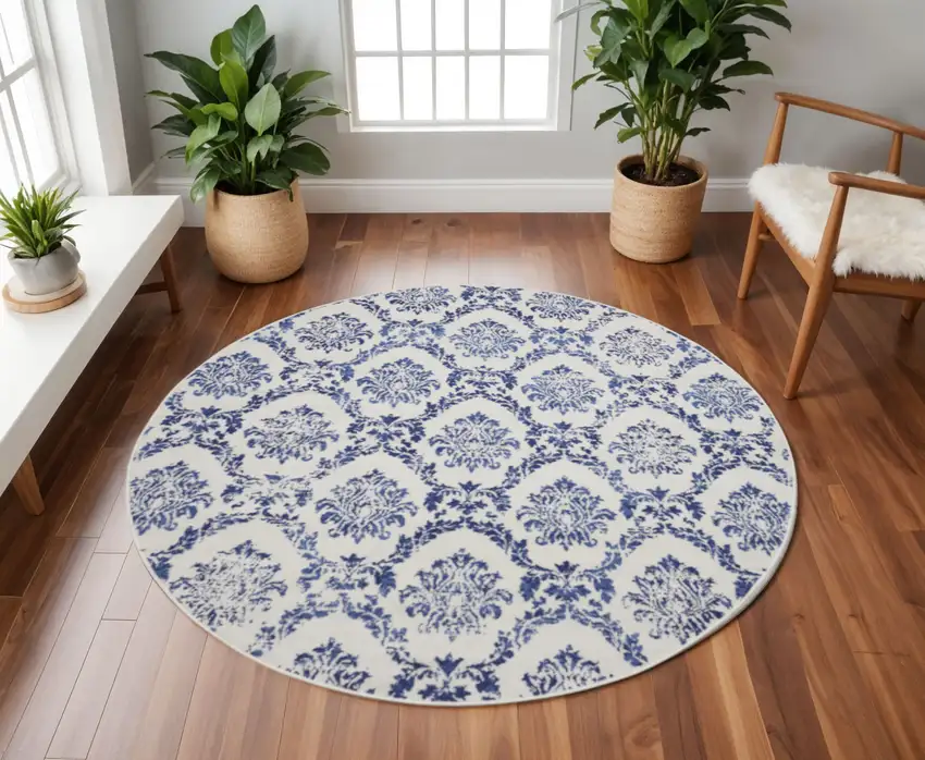 8' Ivory and Navy Blue Damask Distressed Round Rug Photo 1