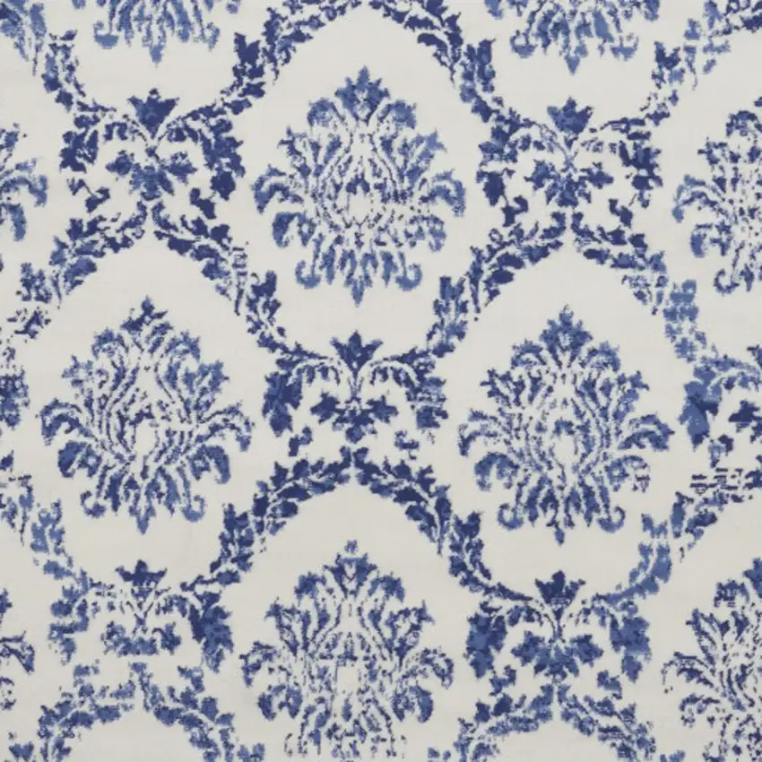 8' Ivory and Navy Blue Damask Distressed Round Rug Photo 5