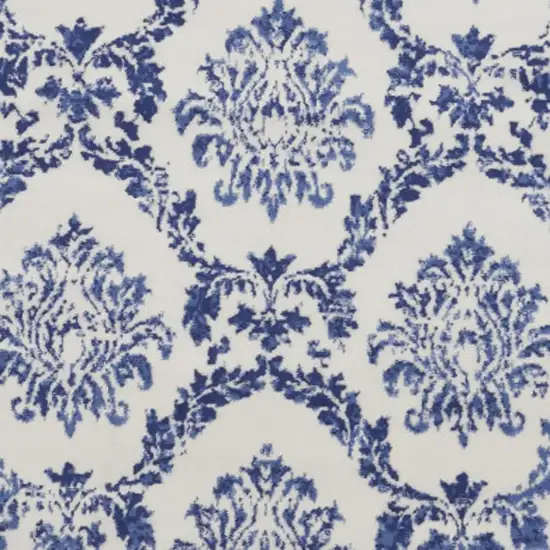 8' Ivory and Navy Blue Damask Distressed Round Rug Photo 2