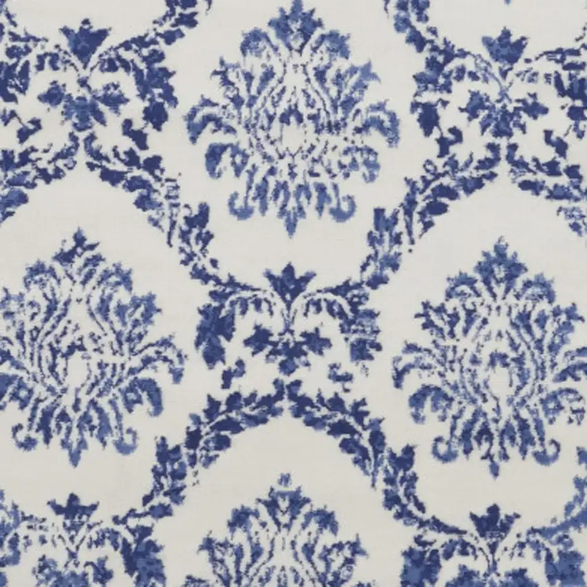 8' Ivory and Navy Blue Damask Distressed Round Rug Photo 2