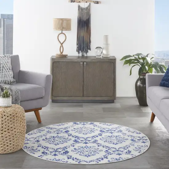 5' Ivory and Navy Blue Damask Distressed Round Rug Photo 6