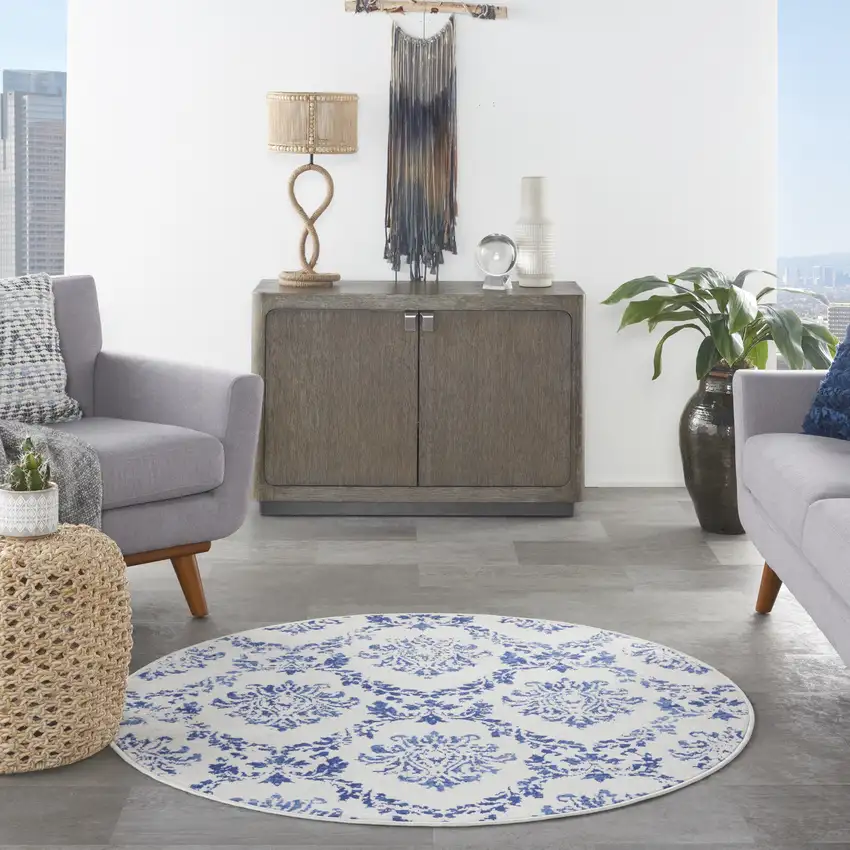 5' Ivory and Navy Blue Damask Distressed Round Rug Photo 6