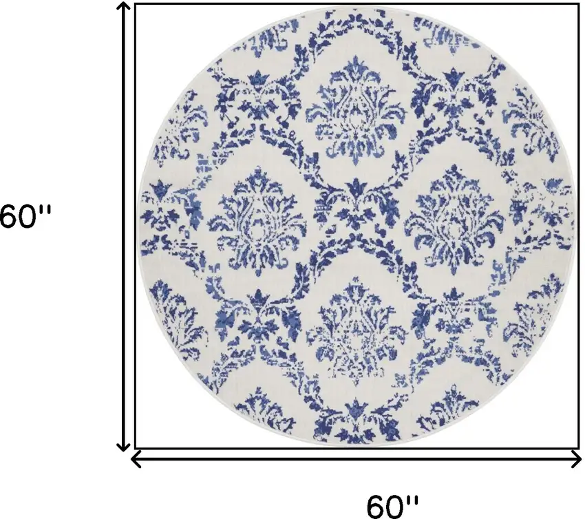5' Ivory and Navy Blue Damask Distressed Round Rug Photo 3